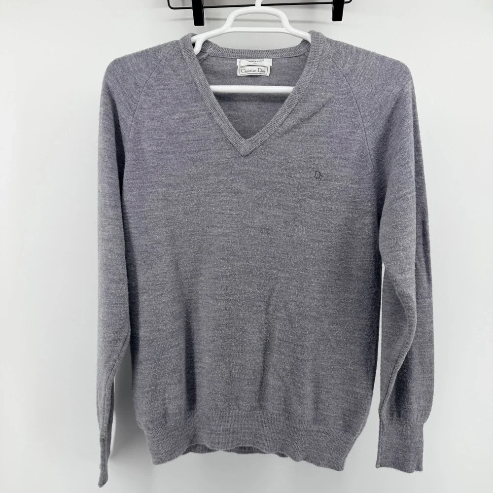 Christian Dior Vintage V-Neck Sweater Orlon Acrylic Knit Logo Gray Large USA 80s